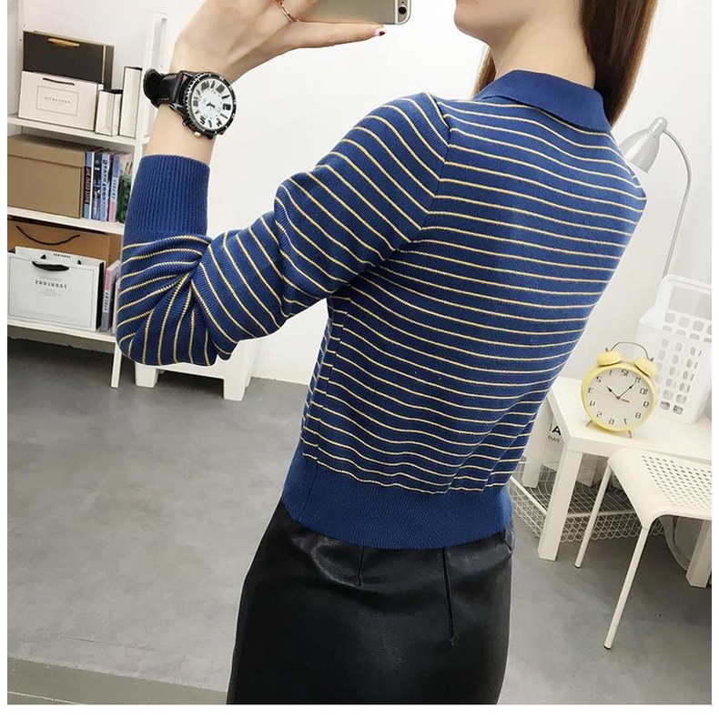 【ZHELIHANGFEI】Áo POLO Dệt Kim Tay Dài Lưng Cao Họa Tiết Kẻ Sọc Dễ Phối Đồ