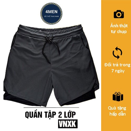Quần đùi thể thao tập gym chạy bộ nam VNXK 2 lớp thấm hút mồ hôi co dãn mềm mịn