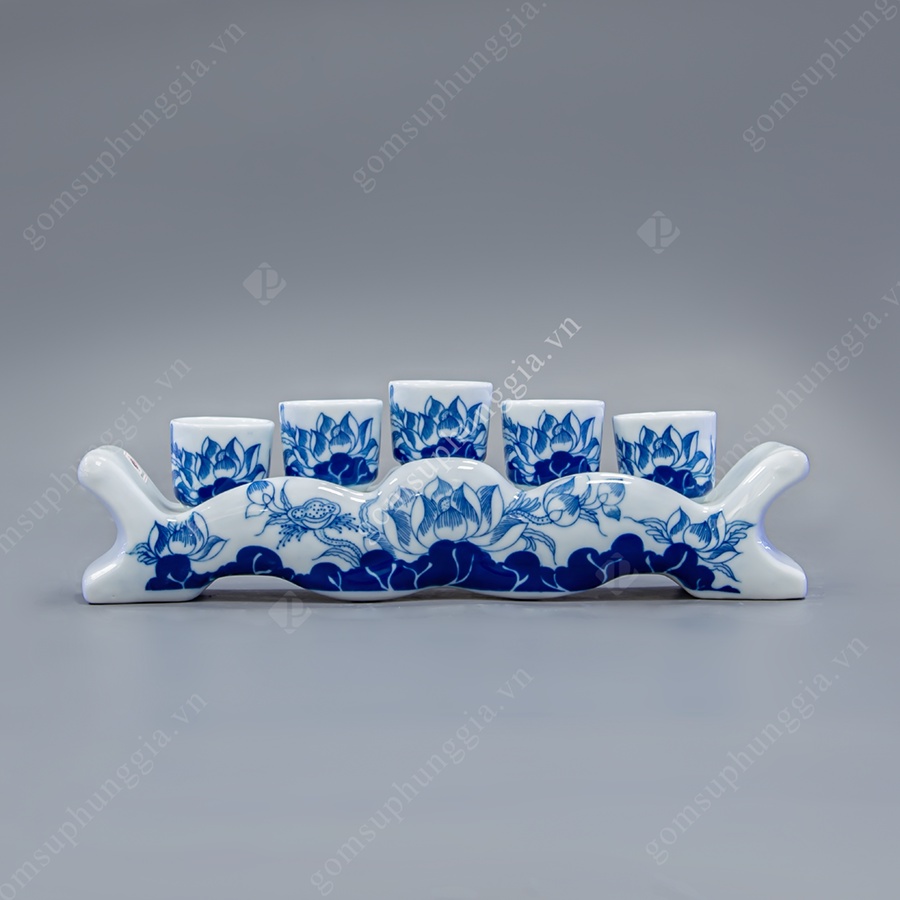 Bộ kỷ 3-5 chén rượu dáng NGAI men Lam Trắng Trơn họa tiết hoa sen, đồ thờ cúng Phùng Gia - Gốm sứ Bát Tràng cao cấp