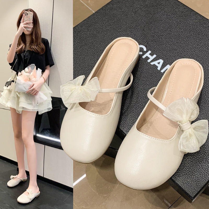 Giày Sandal Muller Mũi Tròn Đế Bằng Thắt Nơ Chất Liệu Da Thời Trang Mùa Hè Cho Nữ