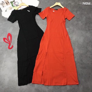 ĐẦM THUN MAXI TAY NGẮN XẺ TRƯỚC