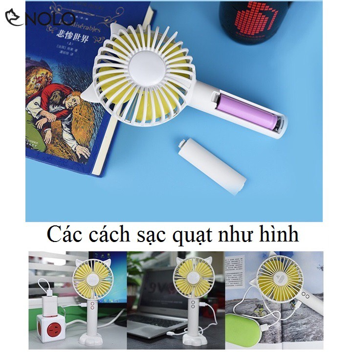 Quạt Mini Tai Mèo Đèn Led Pin Sạc Có Đế Để Bàn Kết Hợp Giá Đỡ Điện Thoại