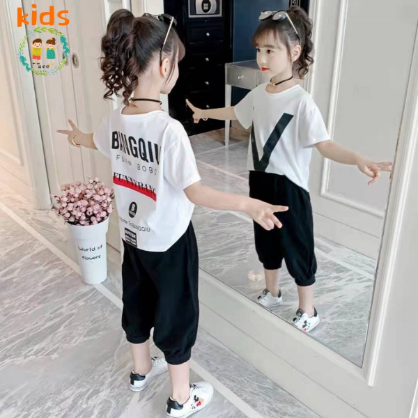 Set Đồ Thể Thao Hai Mảnh Áo Tay Ngắn Phong Cách Hàn Quốc Thời Trang Mùa Hè Dành Cho Bé Gái 3-5-8-10-12-13 Tuổi