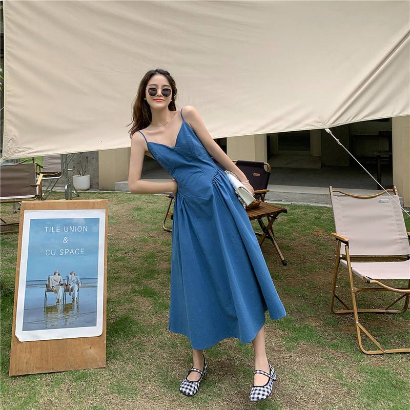 Đầm hai dây dáng chữ A lưng cao phong cách Hàn Quốc thời trang mùa hè cho nữ
