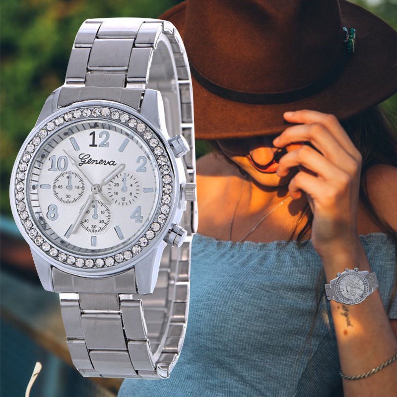 Đồng hồ nữ Geneva GVX021 viền xoàn kiểu dáng thời trang màu bạc tuyệt đẹp | BigBuy360 - bigbuy360.vn