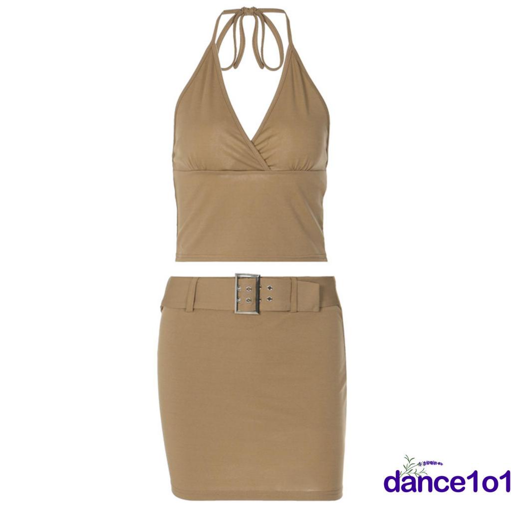 Bộ Trang Phục Múa 1O1-Áo Ba Lỗ Hở Rốn Màu Trơn Phối Chân Váy Thời Trang Cho Nữ