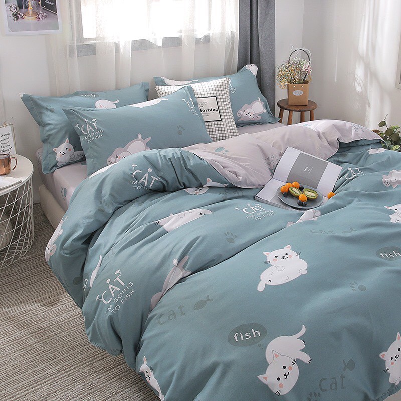 Bộ chăn ga gối Cotton Poly M2T bedding Mèo lười, vỏ chăn mền, drap giường và 2 vỏ gối