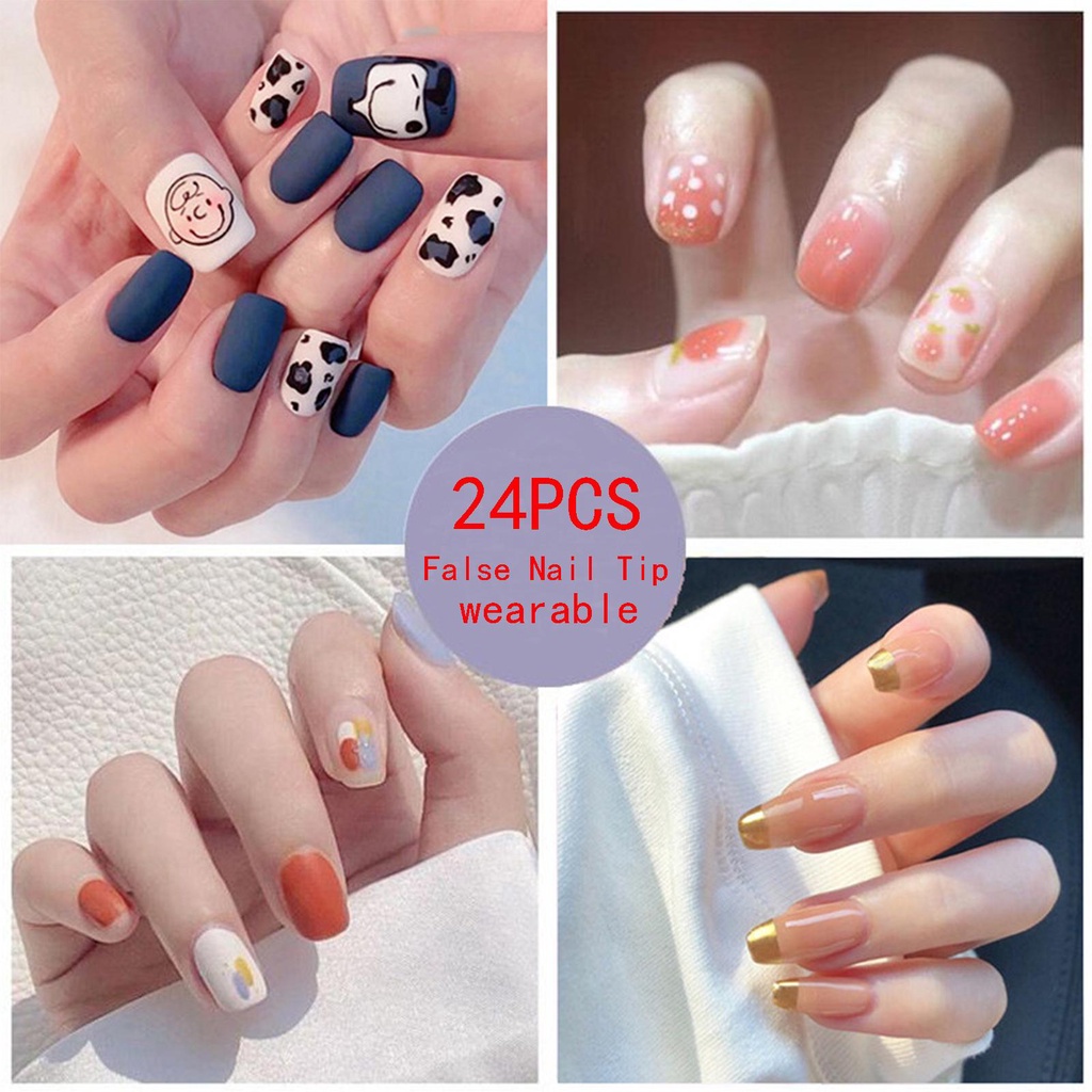 BSUNS Hộp 24 Móng Tay Giả Che Phủ Toàn Diện Đầu Tròn Cho Nữ