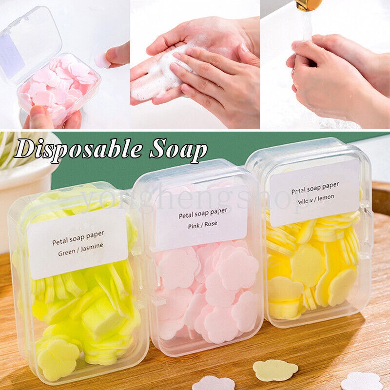 Hộp 100 Xà Phòng Giấy Hình Cánh Hoa Mini Dùng Một Lần Kèm Hộp Đựng