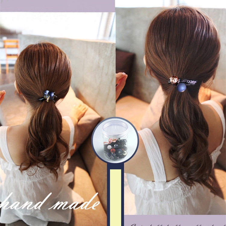 Set 7 Dây Buộc Tóc Co Giãn Đính Bóng Lông Đơn Giản Phong Cách Hàn Quốc