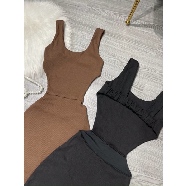 [FREESHIP]Đầm nữ ngắn ôm body chất tăm 2 LỚP dày dặn CÓ QUẦN TRONG 2 dây cổ U hở lưng khoét eo hai màu đen nâu siêu hot