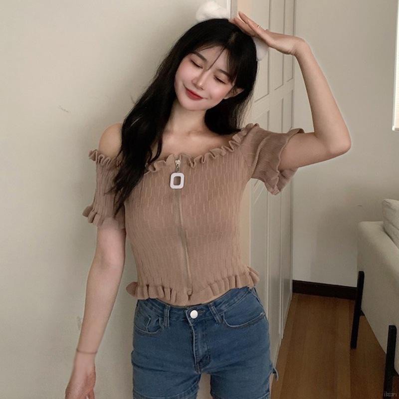 Áo croptop dệt kim tay ngắn thiết kế trễ vai gợi cảm