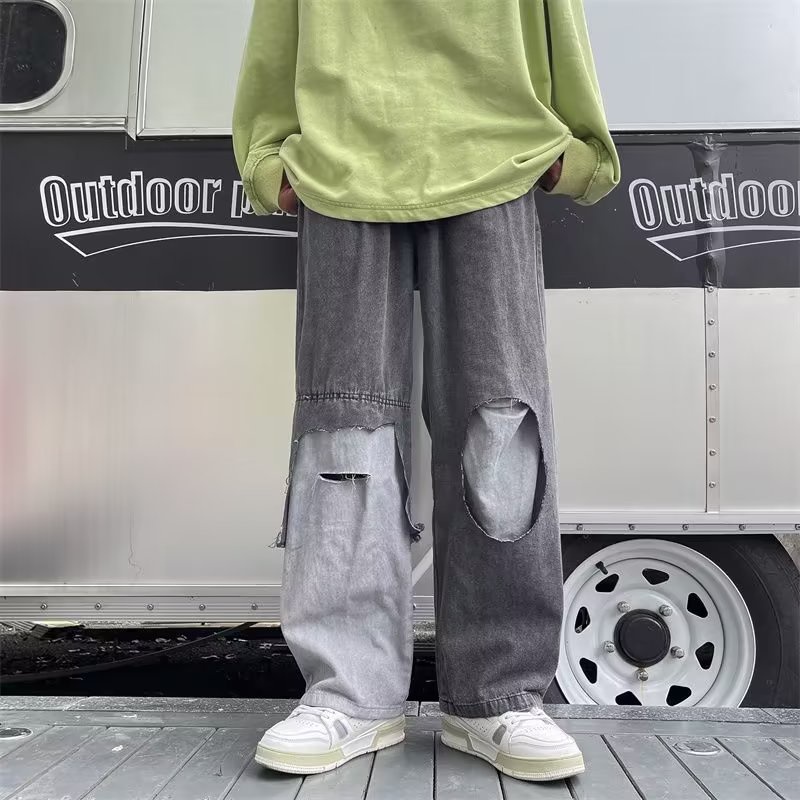 Quần Jean Dài Dáng Rộng Chống Mòn Phong Cách Hip Hop Đường Phố Nhật Bản Cỡ S-3XL Cho Nam