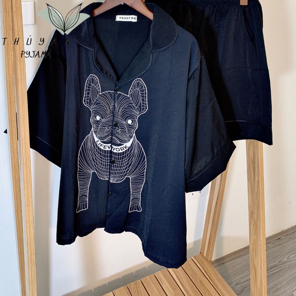 Bộ Pijama nữ bigsize chó Pitbull mờ cộc đùi chất lụa Mango ko nhăn dành cho nữ, mẹ bầu 60 - 90kg