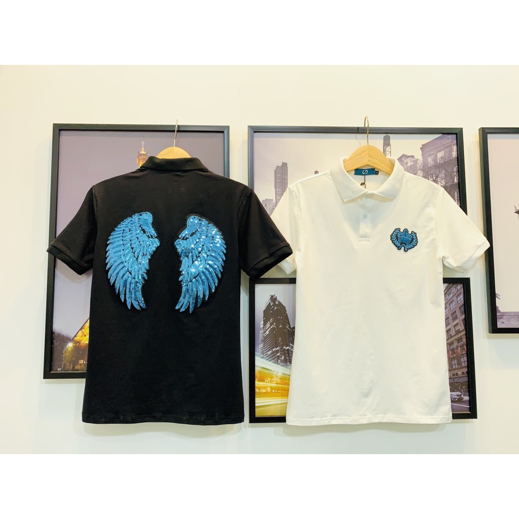 Áo thun nam có cổ tay ngắn thêu kim sa cánh đại bàng xanh chất cotton co dãn 4 chiều 2 màu trắng đen cao cấp AHFASHION | BigBuy360 - bigbuy360.vn