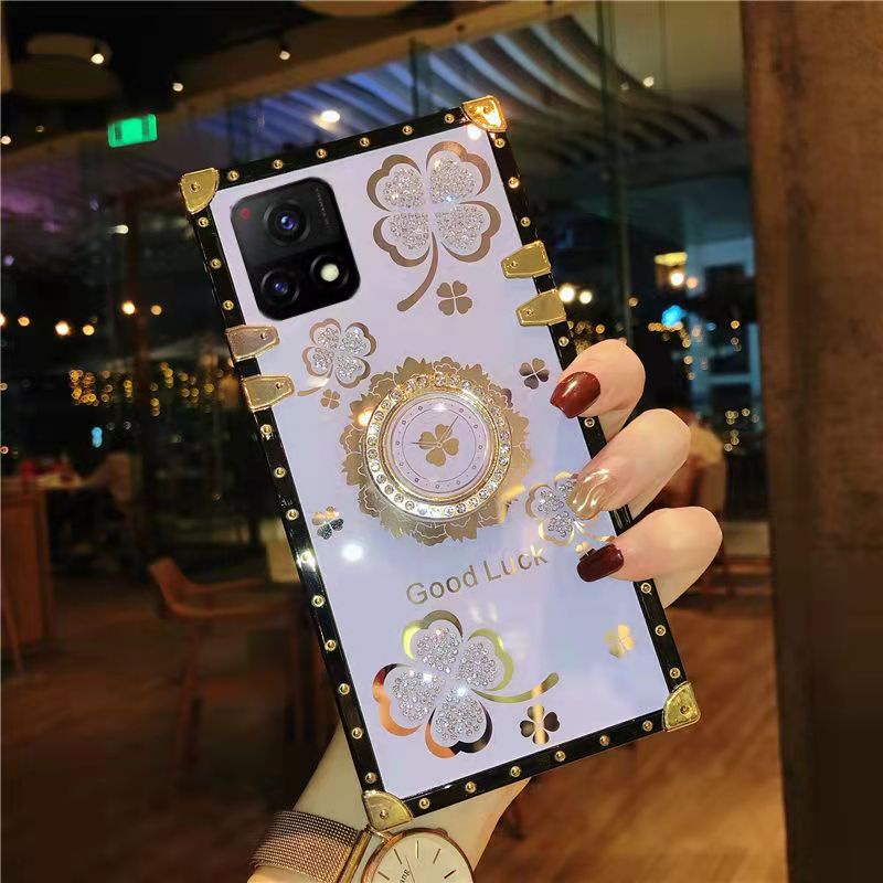 Ốp Điện Thoại Hình Vuông Đính Đá Lấp Lánh Kèm Giá Đỡ Cho Oppo A55 A15 A15S A16 A9 A53 A33 A5s A3s A12 A31 A52