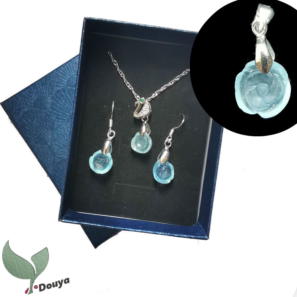 Vòng cổ/Khuyên Tai Bạc 925 Đính Đá Xanh Biển Tự Nhiên Thời Trang Cho Nữ