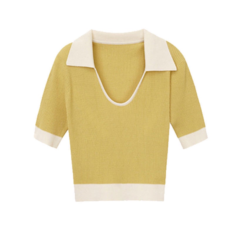 Áo Thun Ngắn Tay Cổ Chữ V Màu Sắc Tương Phản Phong Cách retro Thời Trang Cho Nữ