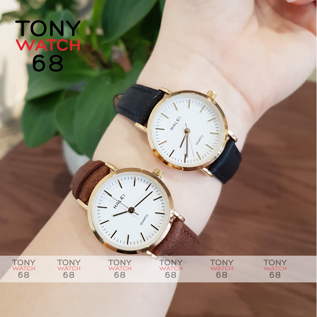 Đồng hồ đôi nam nữ Halei dây da nâu mặt số vạch chính hãng Tony Watch 68