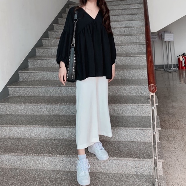 Set babydoll cổ V & quần culottes ống rộng