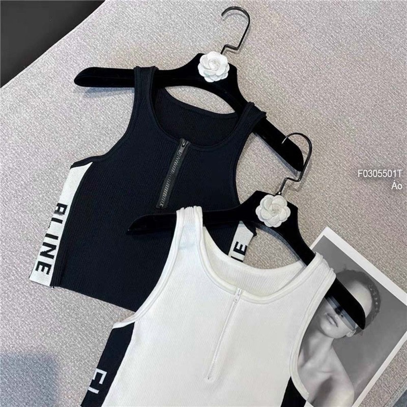 Áo len croptop cổ khóa kéo eo phối viền chữ hai bên sát nách 0522
