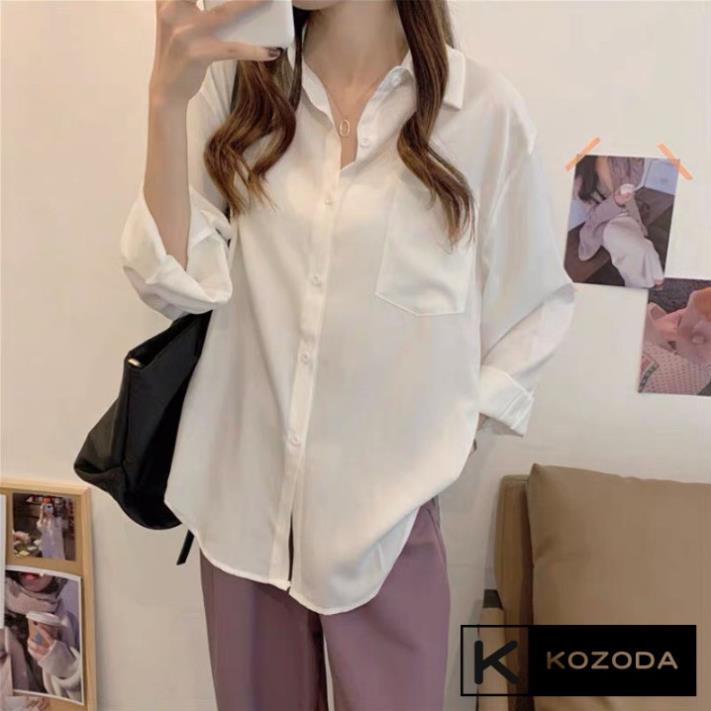 Áo sơ mi nữ form rộng tay dài 1 túi kiểu hàn, áo sơ mi nữ trắng basic điệu đà MB | BigBuy360 - bigbuy360.vn