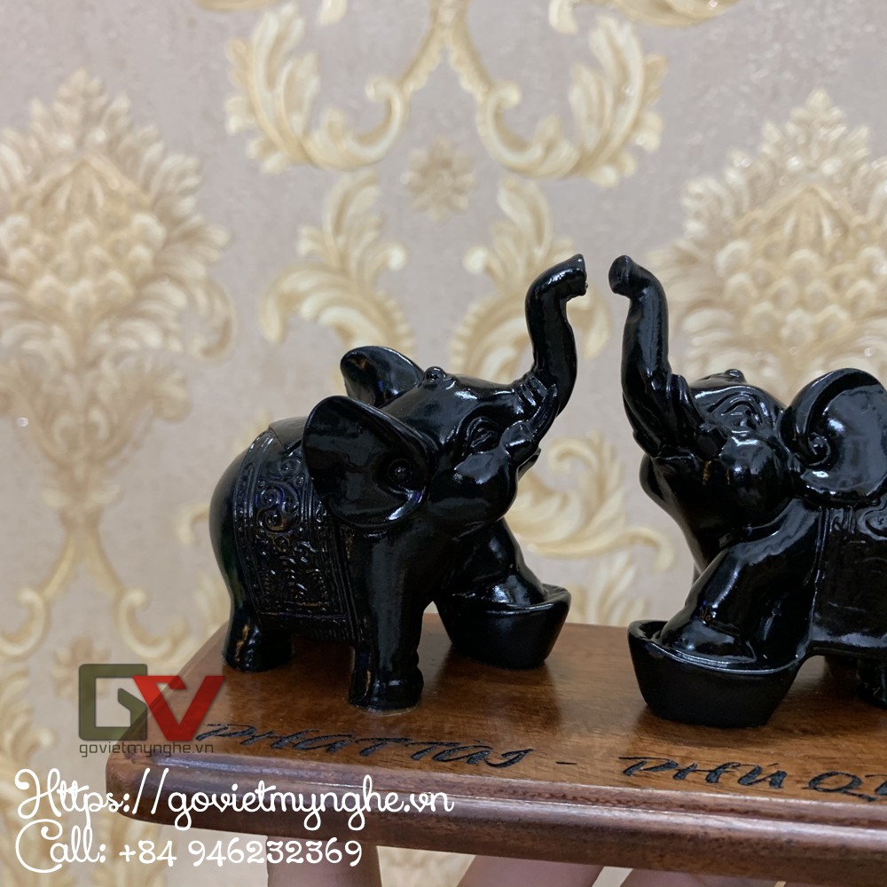 Set 2 tượng voi đá thỏi vàng trang trí quà tặng tân gia - Đế gỗ - Màu đen tuyền