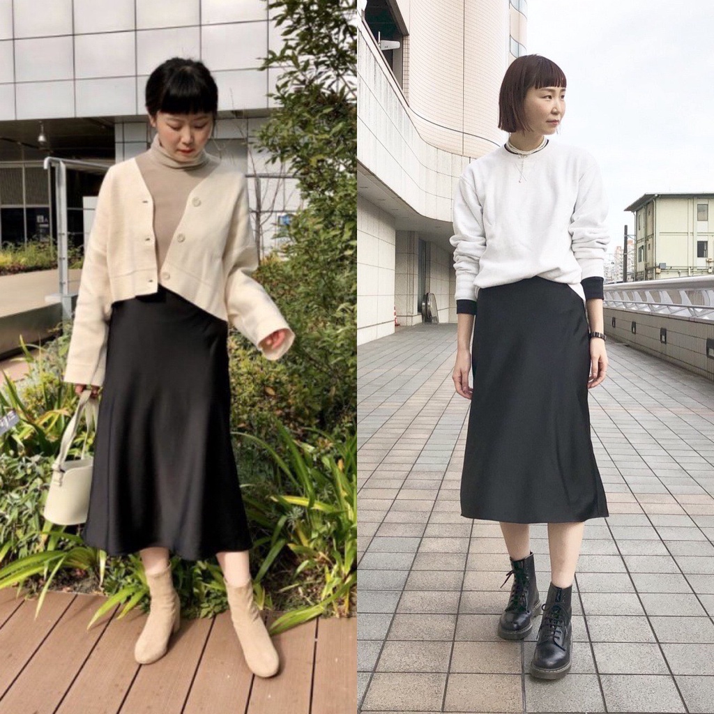 Chân váy Midi lụa Satin dáng xoè A - Satin Narrow Flare Skirt (UNIQLO chính hãng) 😍