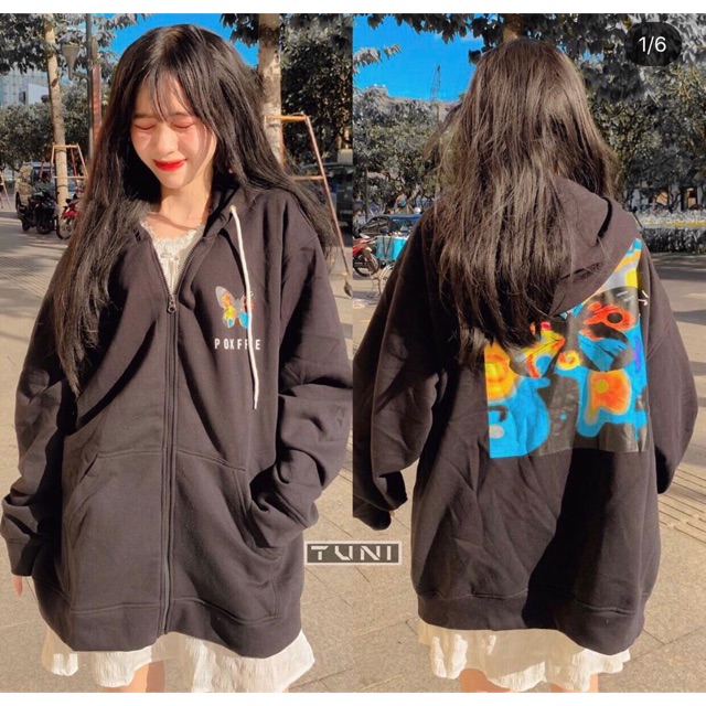 Áo khoác hoodie nỉ dây kéo form rộng BƯỚM Ulzzang (ẢNH THẬT)