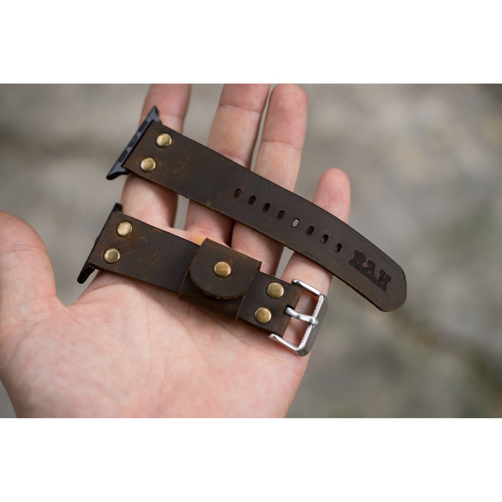 Dây đồng hồ Apple Watch , Iwatch , Iphone Watch Da Bò Sáp Ngựa Điên RAM Leather Pilot Rivet  Bền Đẹp