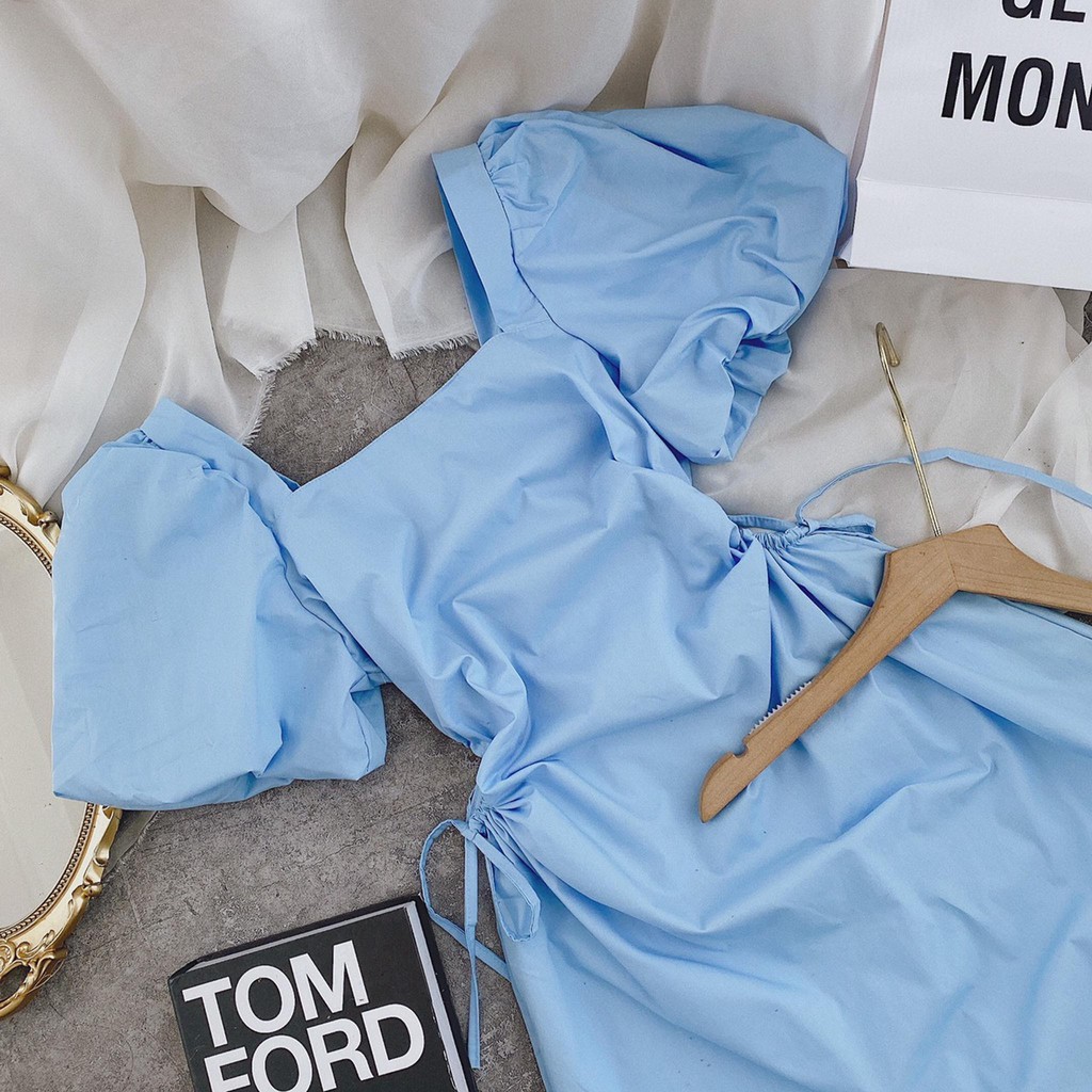 [Mã SKAMA06 giảm 8% tối đa 50K đơn 250K] ĐẦM XANH CỔ VUÔNG TAY BỒNG KHOÉT EO RÚT DÂY | BigBuy360 - bigbuy360.vn