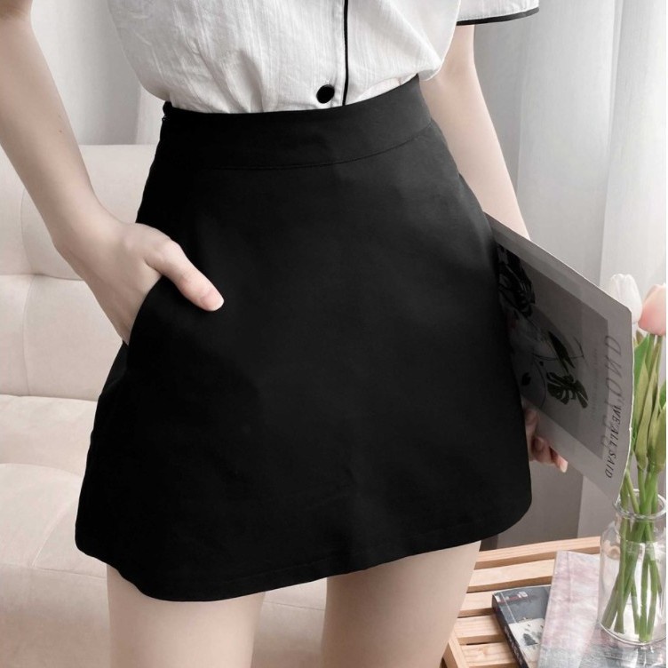 Chân váy chữ A ngắn có túi màu đen cạp lưng cao quần lót trong chất vải Umi hàn mặc đi làm công sở học chơi đẹp