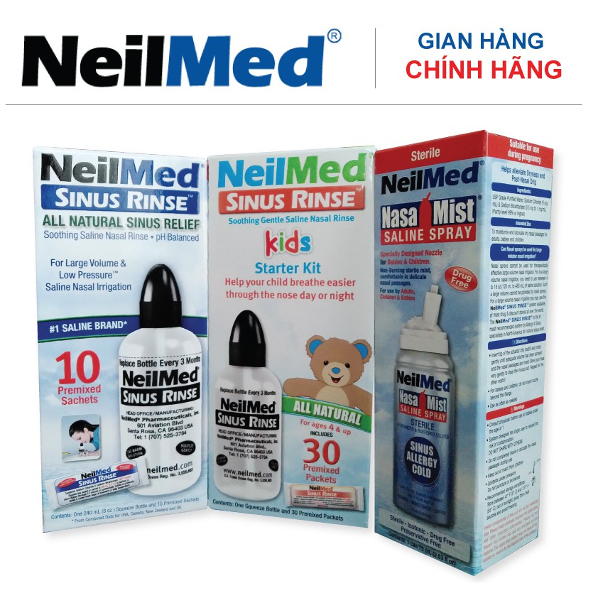 Combo Bình Xịt Rửa Mũi NeilMed Happy (1 bộ bình rửa người lớn + 1 bộ bình rửa trẻ em + 1 chai xịt rửa mũi )