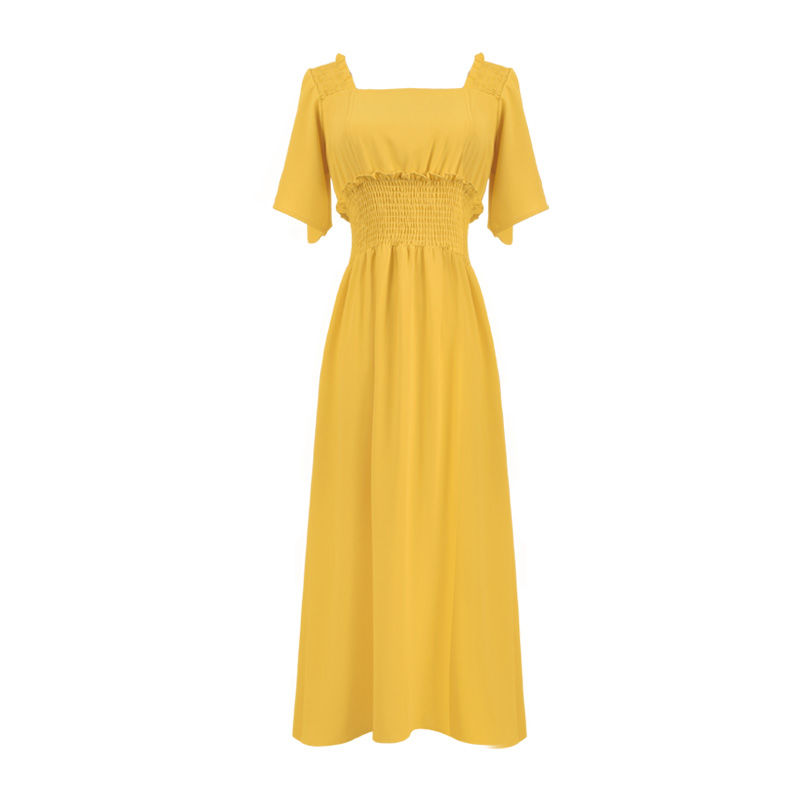 Large Size Yellow Long Skirt Palace Style Retro French Waist Slimming Chiffon Square Collar Dress2021New Summer | BigBuy360 - bigbuy360.vn