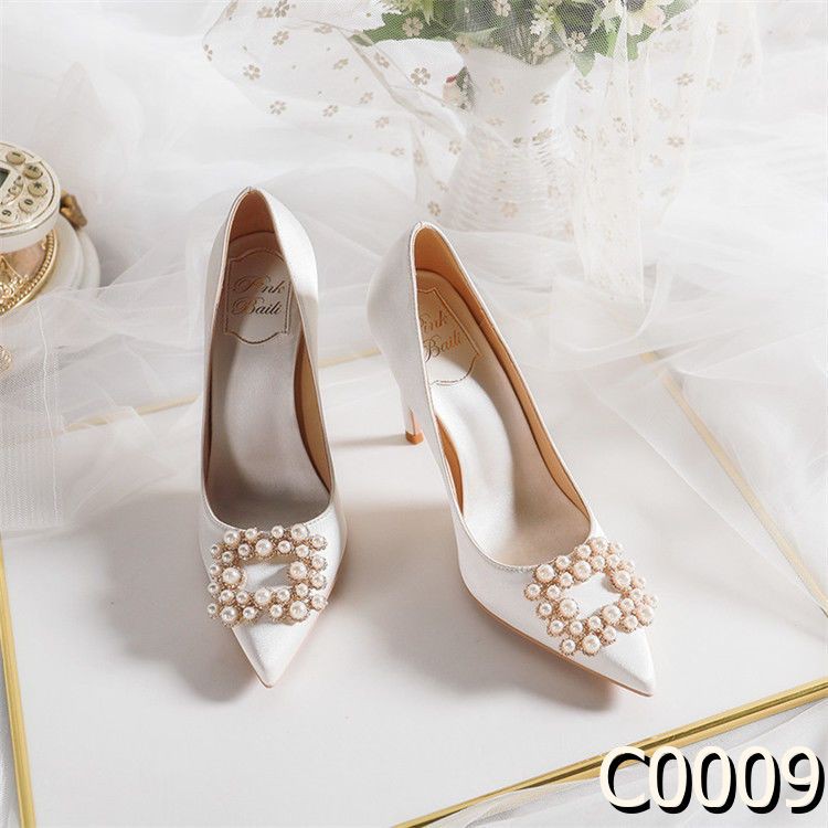 SẴN Giày phù dâu nữ gót nhọn màu trắng chủ đạo đám cưới cô dâu C003