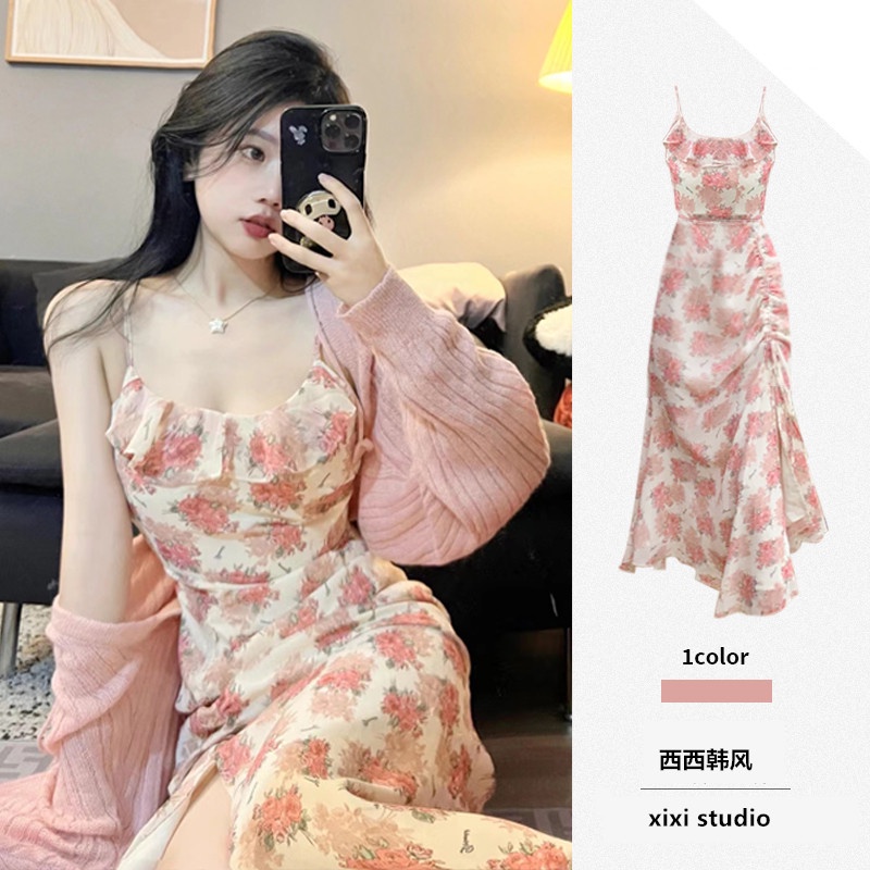 Váy hoa nhí dáng dài vintage 2 dây cổ vuông trễ vai xẻ tà đi biển VHN002
