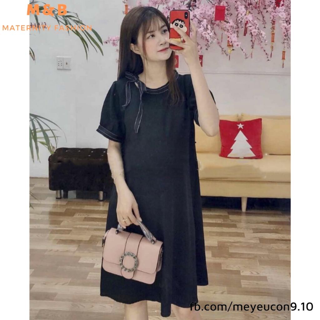 Đầm bầu ngắn tay cổ nơ lệch M016 chất cát hàn thời trang thiết kế Mom and Baby