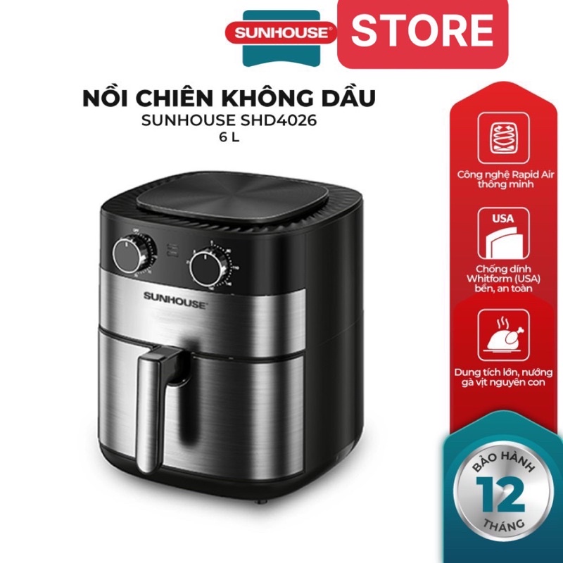 Nồi chiên không dầu Sunhouse 6 lít SHD4026 [model mới 22.7.2021] - Bảo hành tại hãng 12 tháng toàn quốc