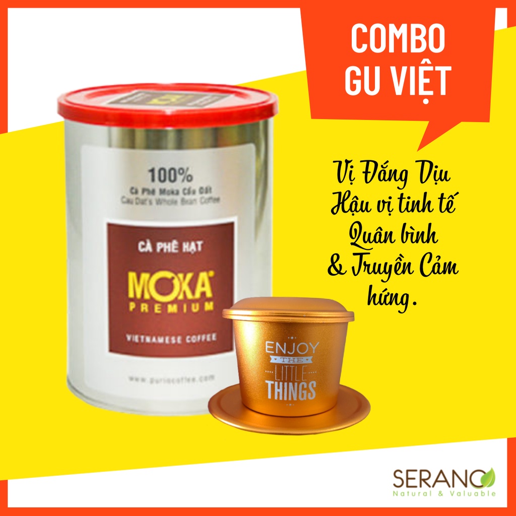 Combo cà phê hạt moka rang xay nguyên chất sạch Purio Moka Premium 250g và phin cafe Việt Nam Gu Việt