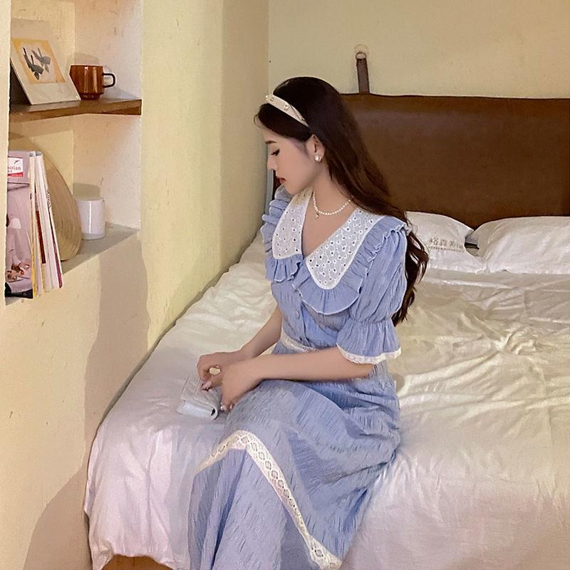 Đầm Nữ Dáng Dài Chiết Eo Màu Trắng / Xanh Sữa Phong Cách Pháp Thanh Lịch