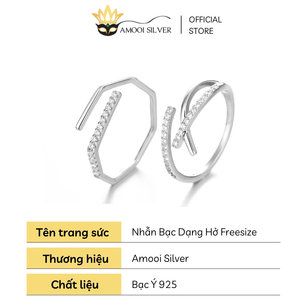 Nhẫn Bạc S925 Freesize Dáng Hở Mẫu Chéo Khúc Nạm Đá - Amooi Silver AN83