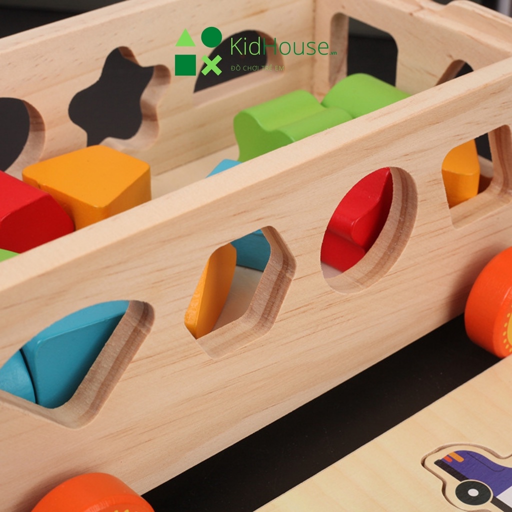 Đồ chơi gỗ thông minh montessori xe kéo thả hình khối chữ số cho bé phát triển trí tuệ Kidhouse.vn