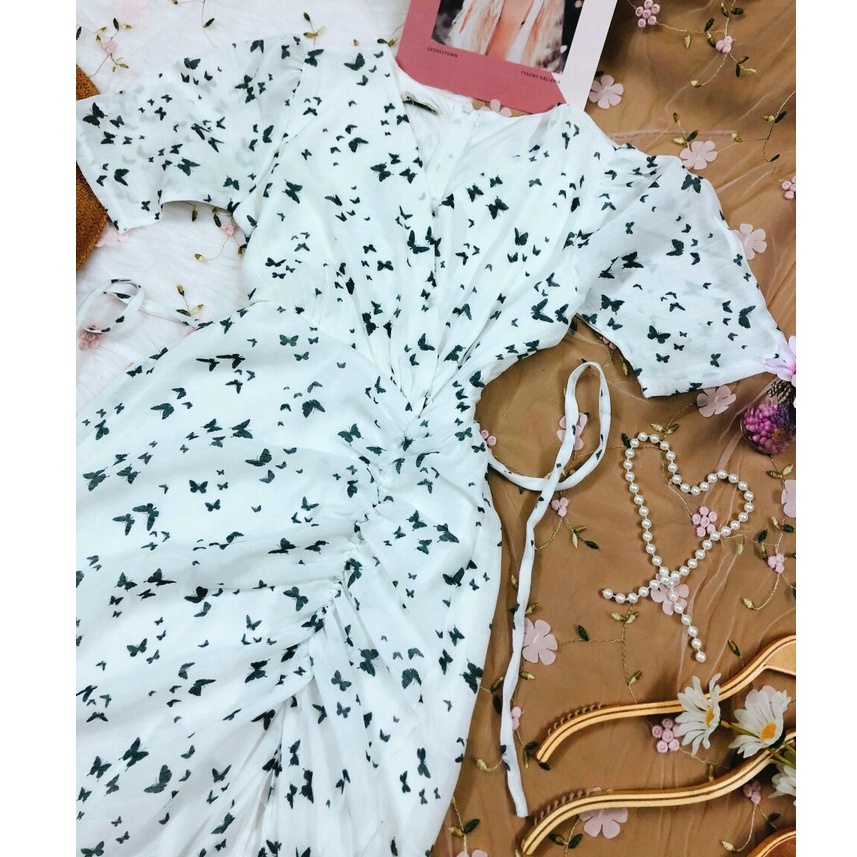 ĐẦM MAXI HOA ĐI BIỂN DÁNG DÀI XẺ TÀ NHÚN RÚT CÓ DÂY BUỘC EO