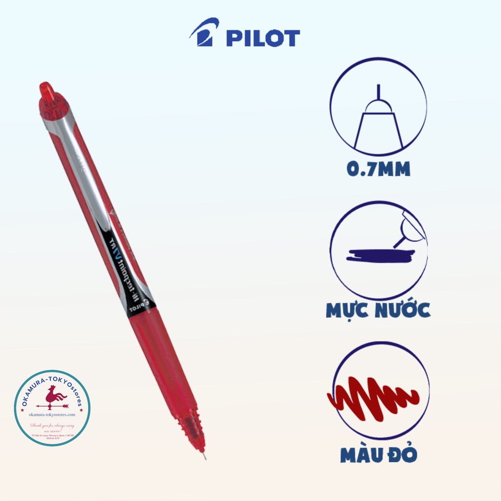 Bút mực nước màu đỏ hi tech v7 văn phòng, Pilot, viết êm đầu bút bi siêu bền, ngòi 0.7mm