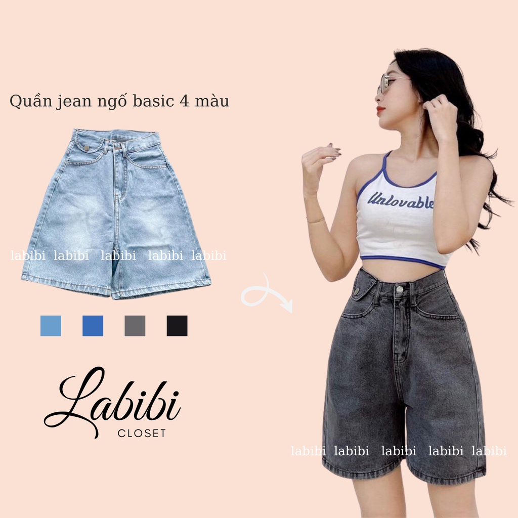 Quần Jeans Ngố Nữ Trơn Cơ Bản, Quần Bò Jean Đùi Ống Rộng Basic, Labibi