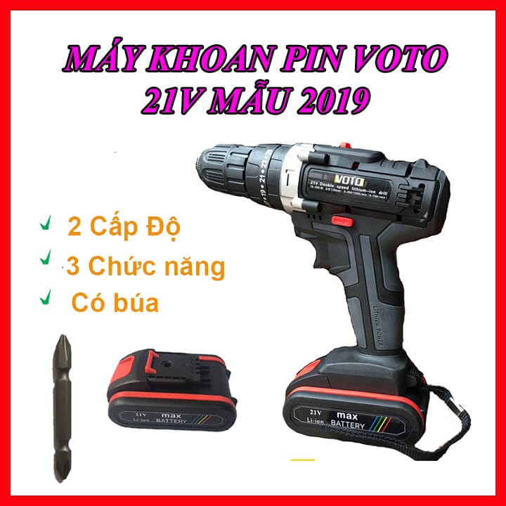 Máy Khoan Pin đảo chiều 21V VOTO cầm tay có búa, kèm 2 Pin sạc, hộp nhựa tặng 1 mũi vít 6.5mm mẫu cao cấp 2019