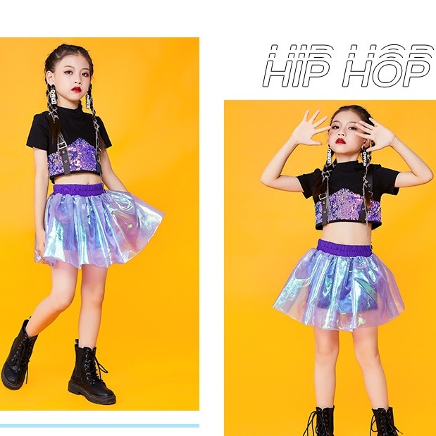 Bộ Trang Phục 2 Mảnh Gồm Áo Crop Top Và Váy Màu Hồng Tím Phong Cách Hip Hop Dành Cho Bé Gái Trong Trường Học/ Biểu Diễn