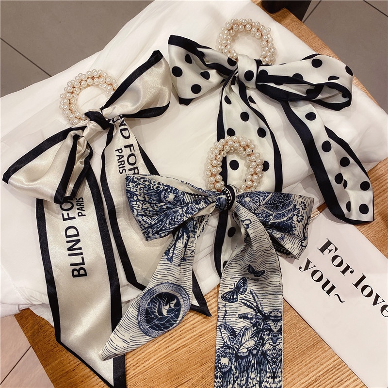 Dây buộc tóc ruy băng đính ngọc trai giả thời trang 2021 ins