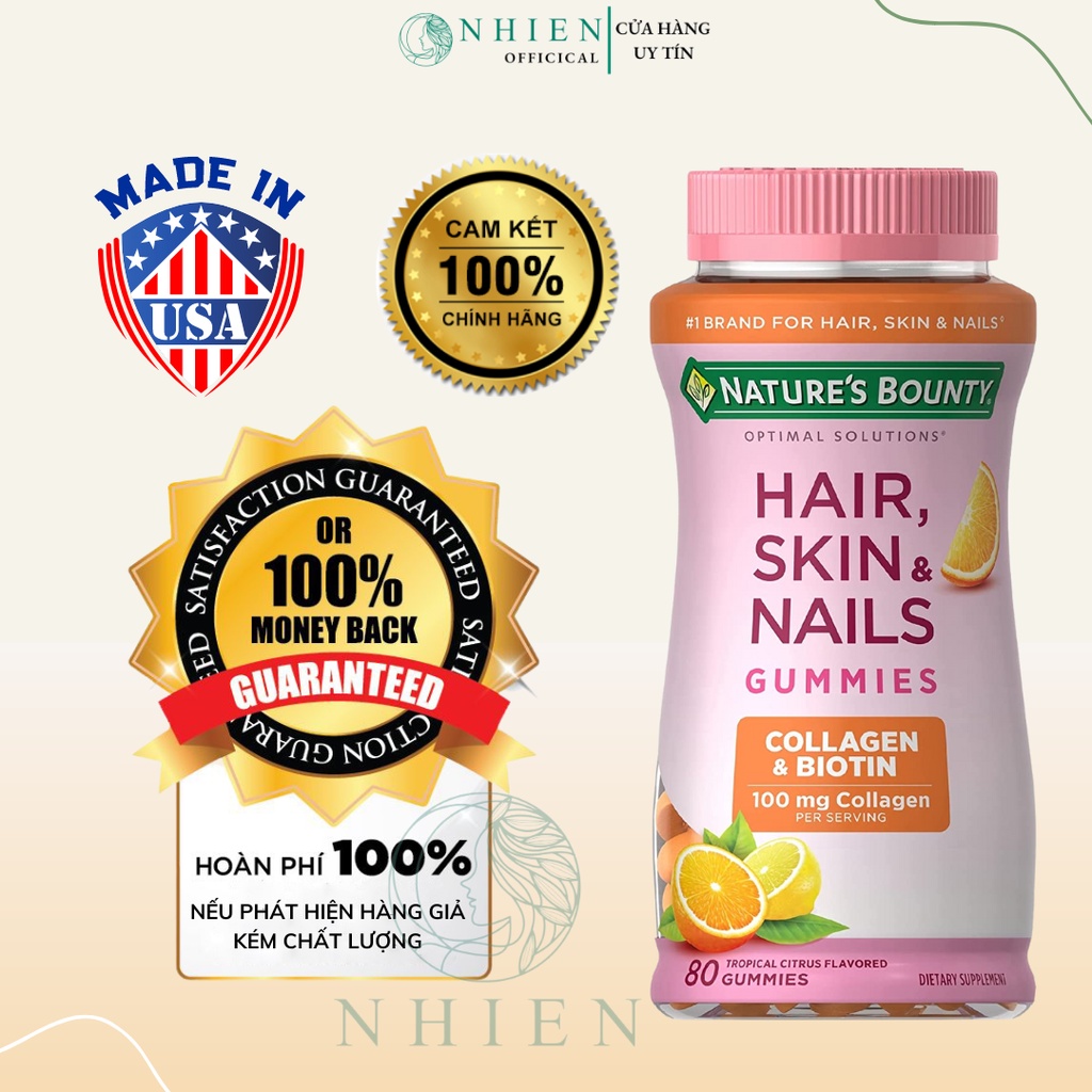 Kẹo dẻo đẹp da móng tóc bổ sung collagen và biotin Hair, Skin & Nails Gummies Nature Bounty