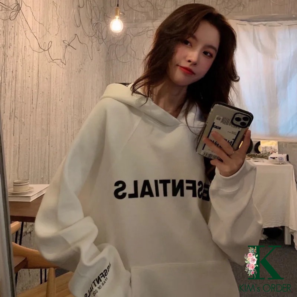 Áo Hoodie nữ trơn màu đen trắng be xám chữ ESSENTIALS dài tay phom rộng có mũ Unisex chất nỉ bông phong cách Hàn Quốc